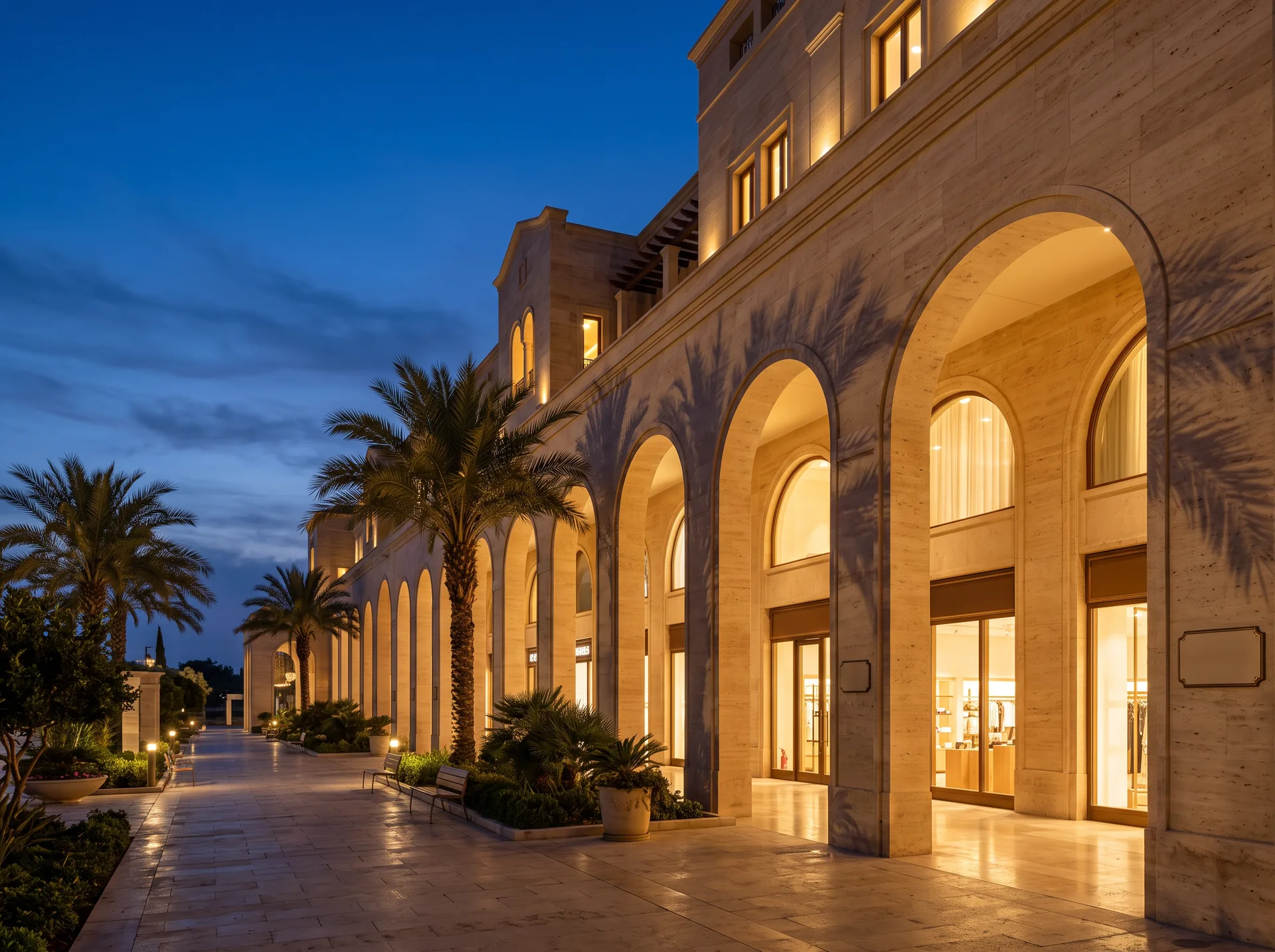 Commercial arcade facade with tall stone arches glowing at dusk