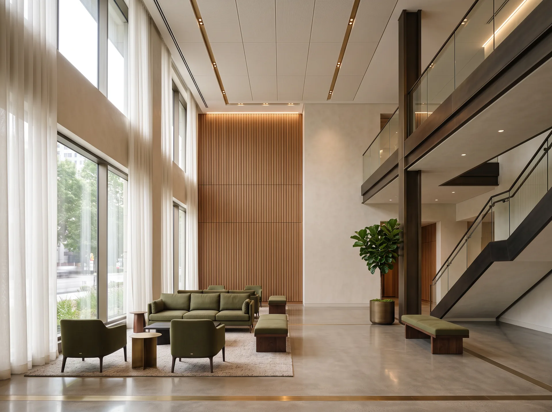 Double-height office lobby with vertical timber slat walls