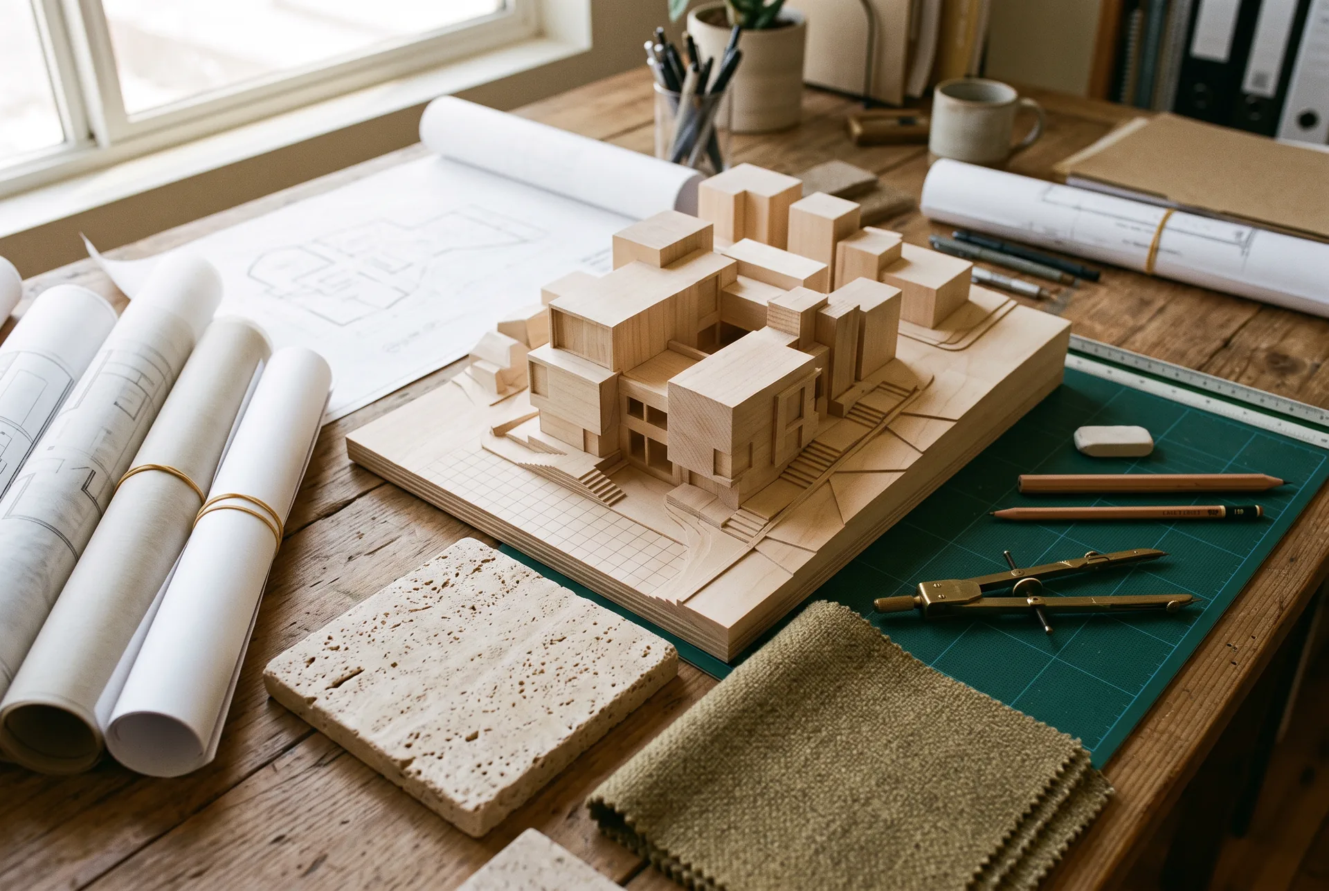 Architect's worktable with a basswood massing model, drawings and material samples